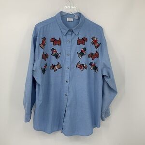 Mystic Blues vintage chambray blue shirt button applique Scottie dog plaid 24W
